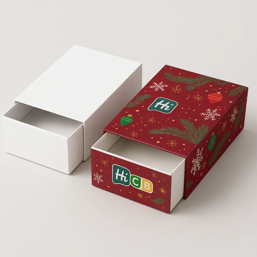Slider-style drawer boxes- one white- one custom-printed with a festive red design- class=